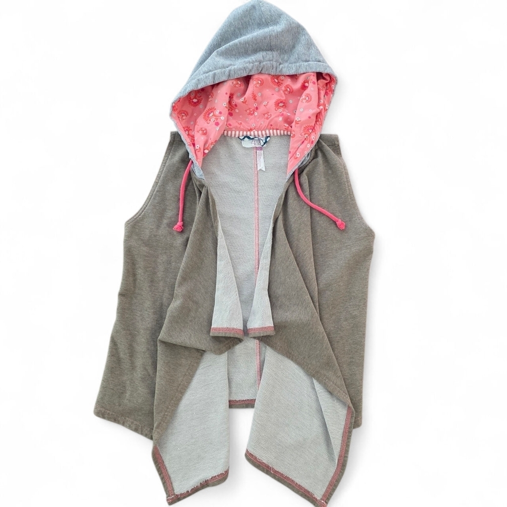 Matilda Jane 435 Girls Hooded Vest Size 12 Brown Pink Trim Asymmetrical Hem